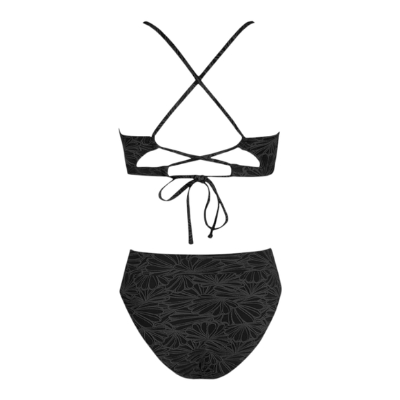 Cupshe Two Piece Swimwear Scalloped Vneck High Waisted Bralette Black Small - Picture 4 of 4